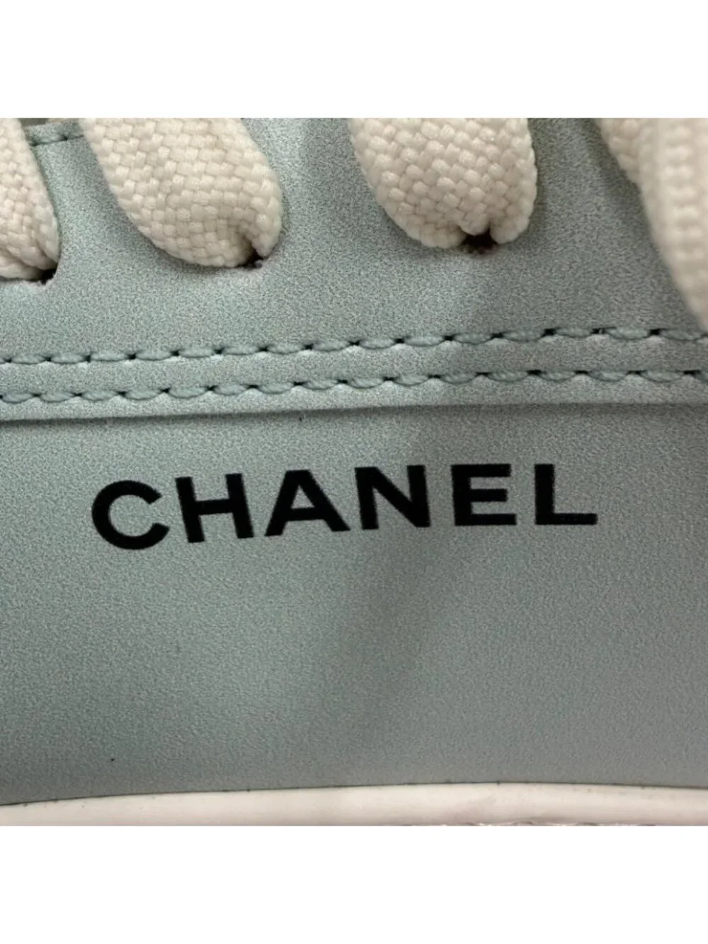 Chanel 24K Logo Lace Up Leather Low Cut Sneakers Mint Green